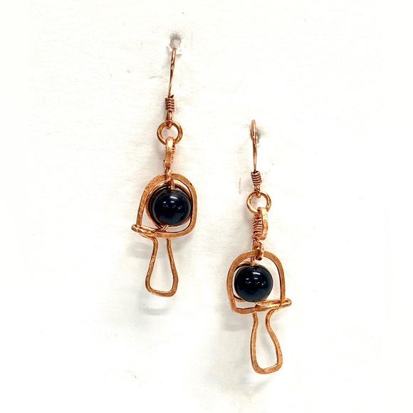 HANDMADE Mushroom Black Onyx and Hand Wrapped Bare Copper Dangle Earrings - Picture 4 of 9